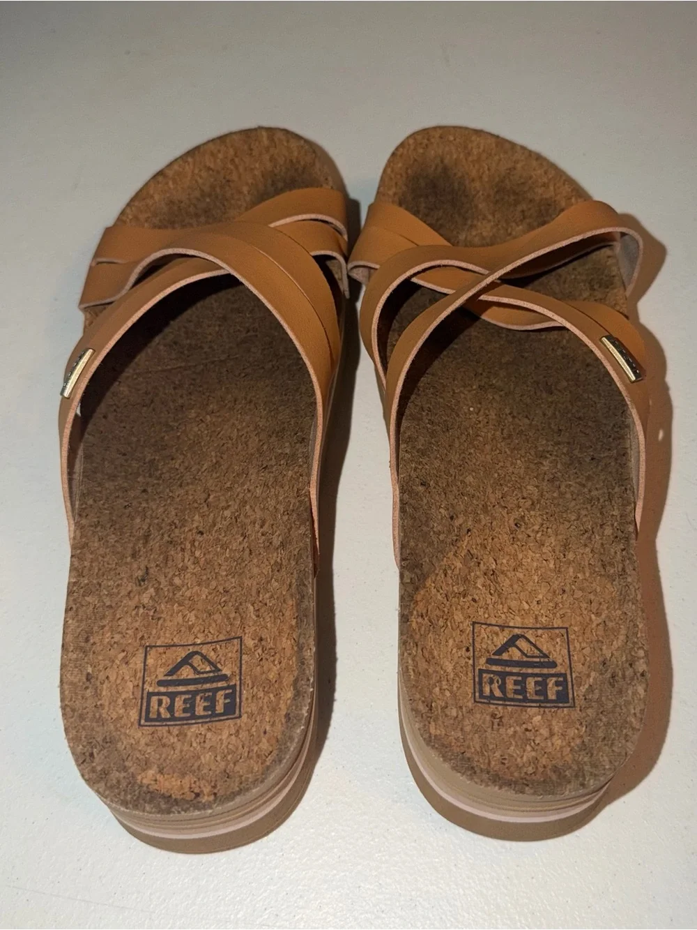 Reef Tan Leather Crisscross Slide Sandals